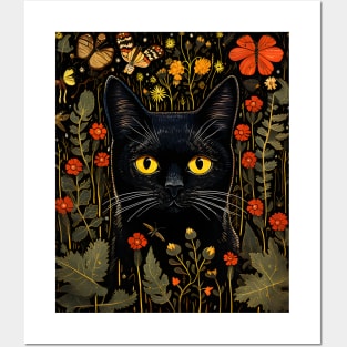 Black Cat Among Flowers and Moths - Mystical Art for Cat Lovers Posters and Art